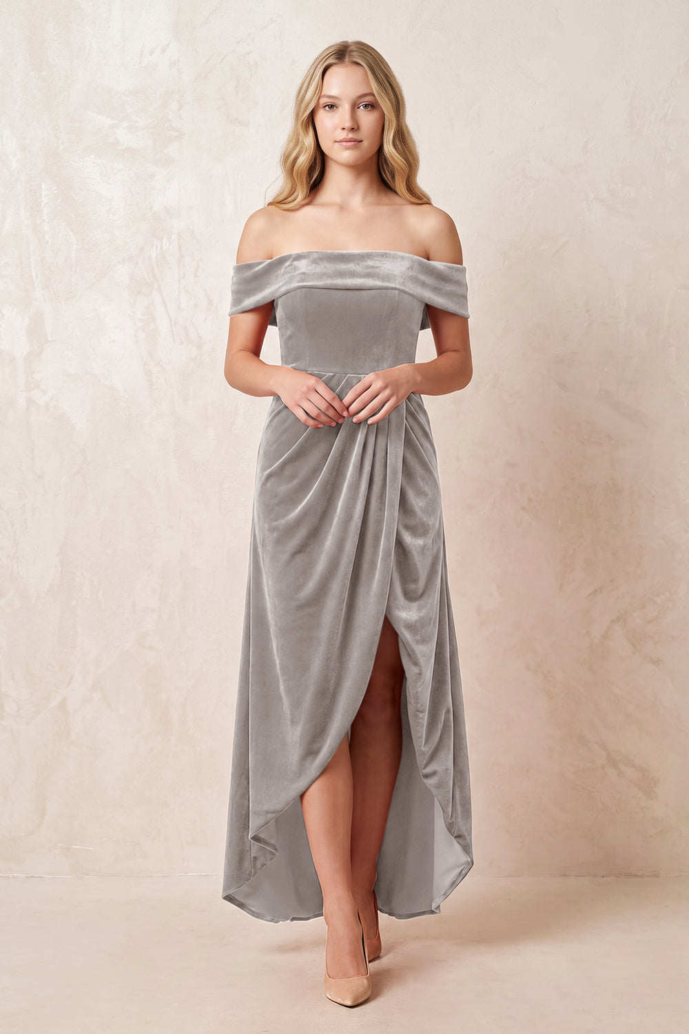 Silver Off-the-Shoulder Sheath Velvet Midi Bridesmaid Dress - KISSPROM