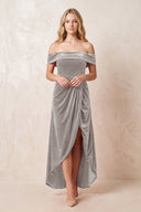 Silver Off-the-Shoulder Sheath Velvet Midi Bridesmaid Dress - KISSPROM