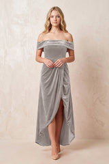 Silver Off-the-Shoulder Sheath Velvet Midi Bridesmaid Dress - KISSPROM