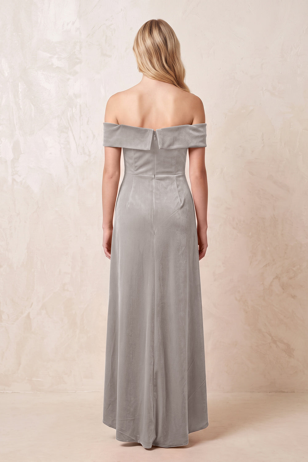 Silver Off-the-Shoulder Sheath Velvet Midi Bridesmaid Dress - KISSPROM