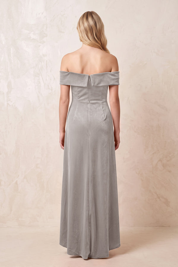 Silver Off-the-Shoulder Sheath Velvet Midi Bridesmaid Dress - KISSPROM
