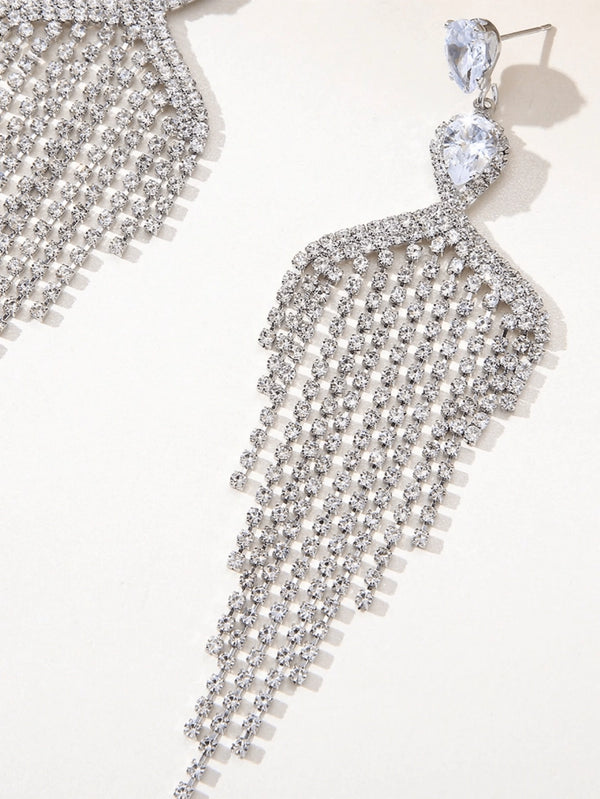 Silver Dangle Simple Rhinestones Tassel Long Earrings - KissProm