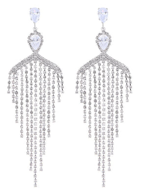 Silver Dangle Simple Rhinestones Tassel Long Earrings - KissProm
