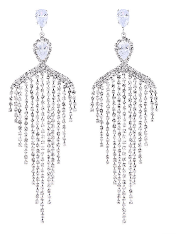 Silver Dangle Simple Rhinestones Tassel Long Earrings - KissProm