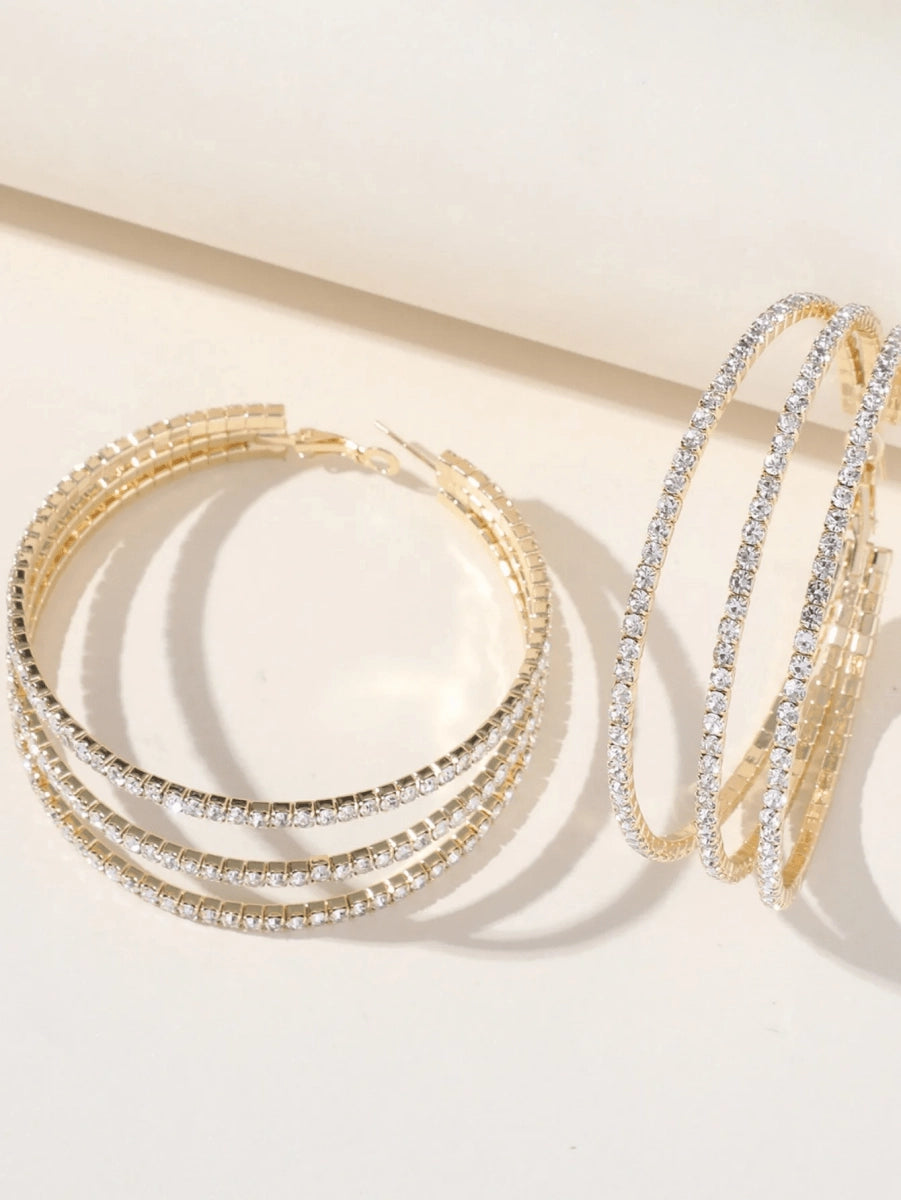 Silver Rhinestones Simple Triple Layer Hoop Earrings - KissProm