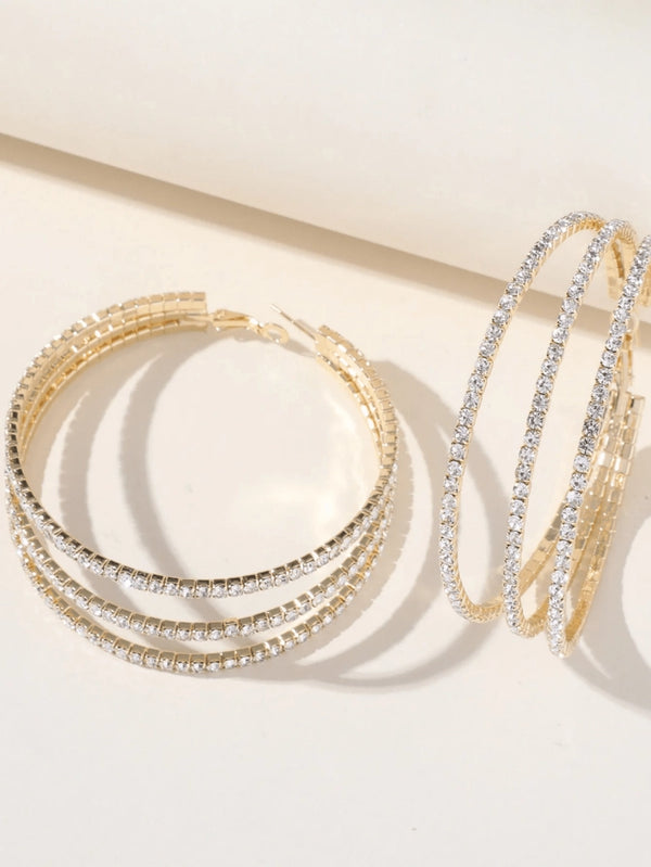 Silver Rhinestones Simple Triple Layer Hoop Earrings - KissProm