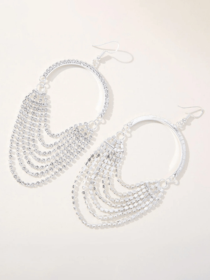 Silver Rhinestones Tassel Hoop Round Earrings - KissProm