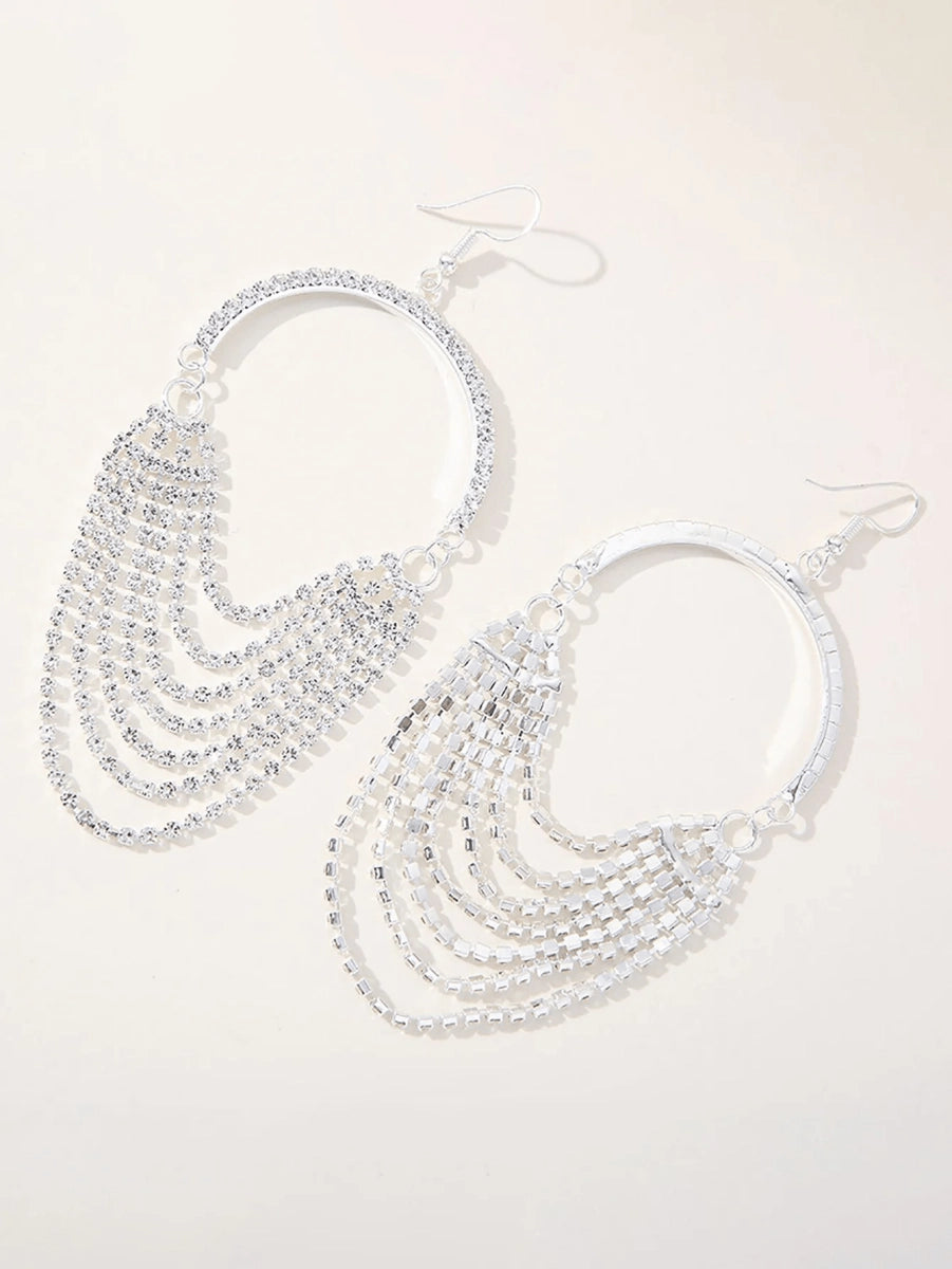 Silver Rhinestones Tassel Hoop Round Earrings - KissProm