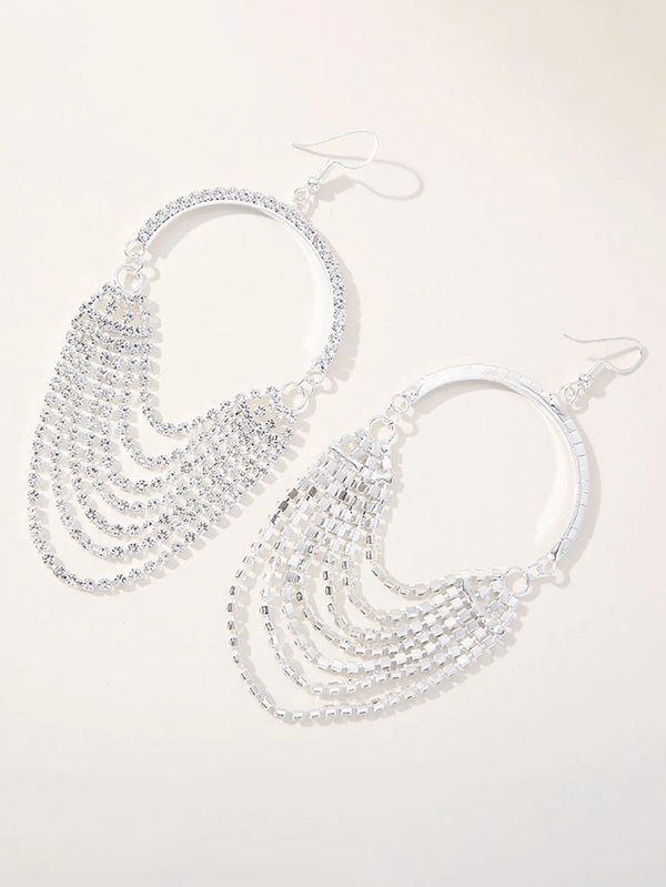 Silver Rhinestones Tassel Hoop Round Earrings - KissProm