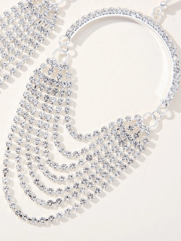 Silver Rhinestones Tassel Hoop Round Earrings - KissProm