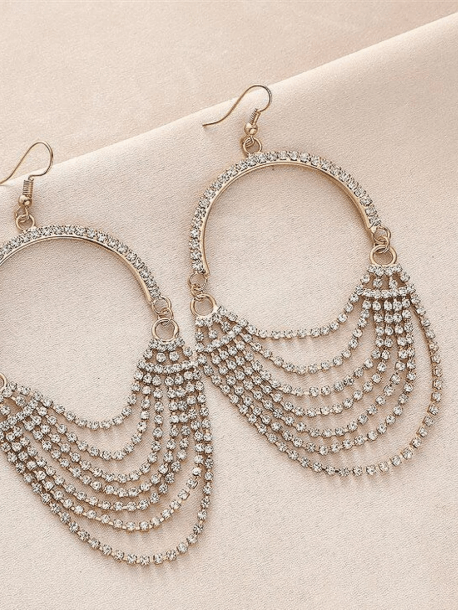 Silver Rhinestones Tassel Hoop Round Earrings - KissProm