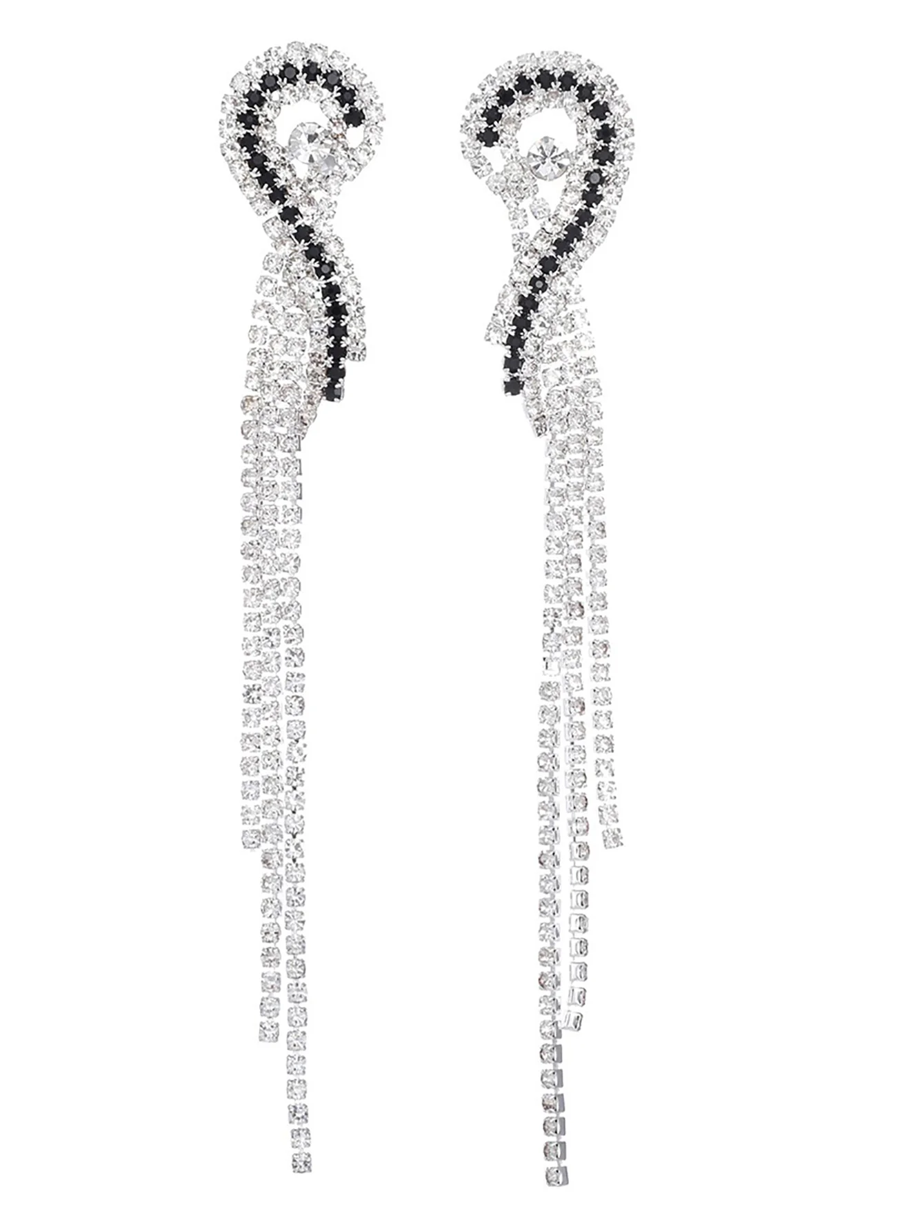 Silver Rhinestones Tassel Long Chain Earrings
