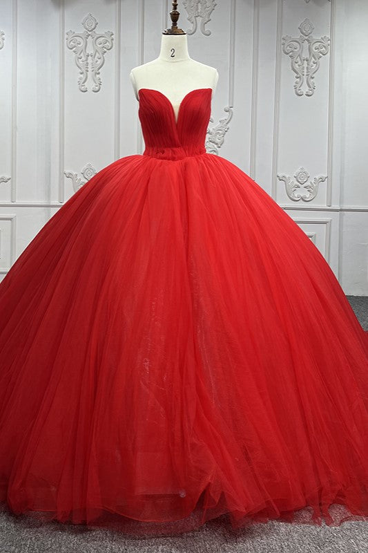 Simple Red Sweetheart Party Dress Ruched Sleeveless Prom Dresses Ball Gown