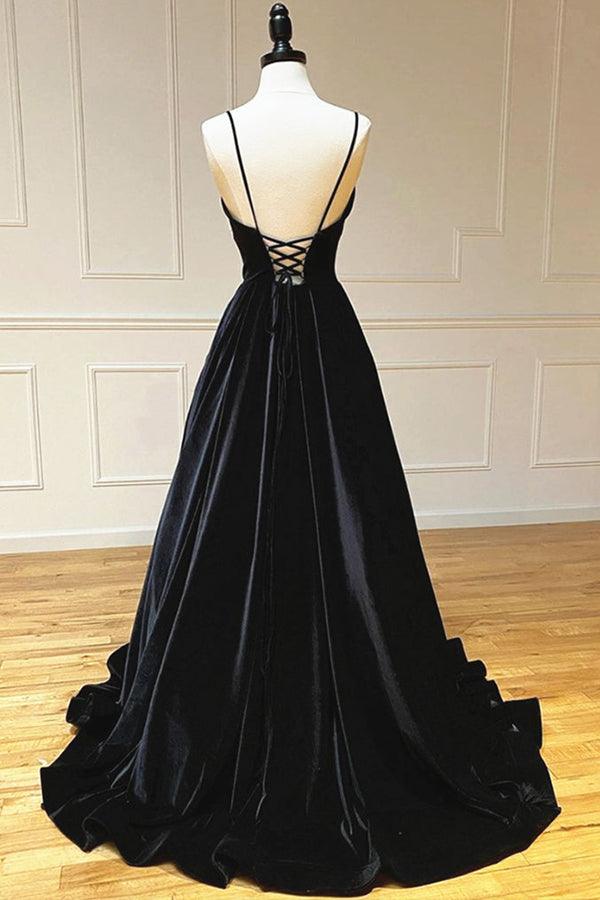 Oaklee | Simple Black Velvet Long Prom Dress, Black Evening Dress
