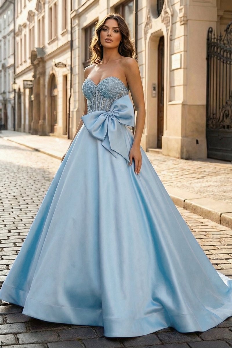 A - Line Sweetheart Sky Blue Beaded Long Prom Dresses With Bow - KissProm