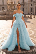 Gorgeous A Line Off the Shoulder Long Tulle Prom Dress with Slit - KISSPROM PROM DRESSES