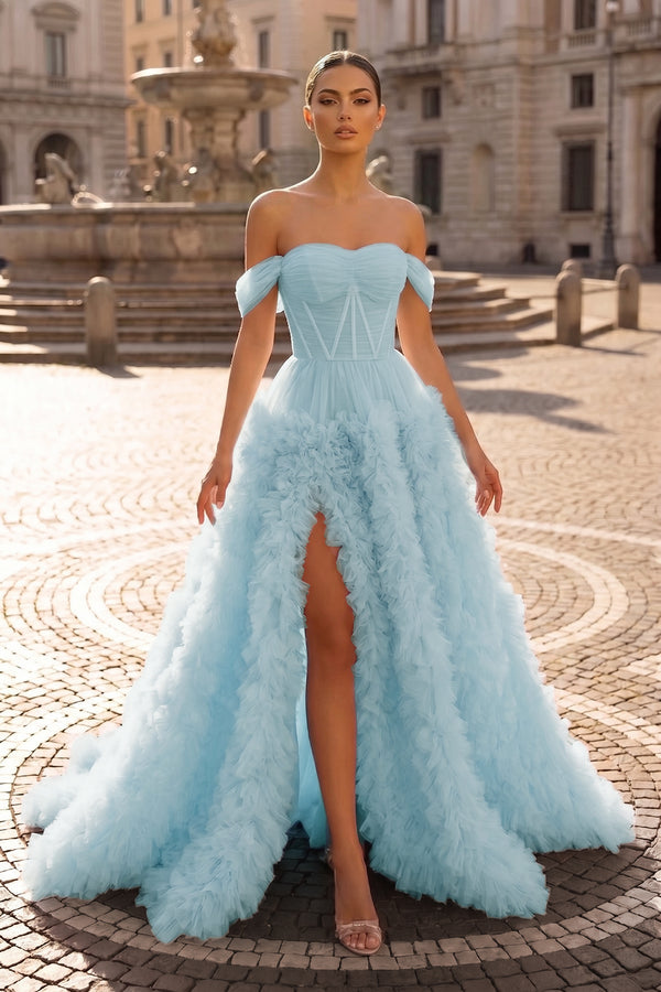Gorgeous A Line Off the Shoulder Long Tulle Prom Dress with Slit - KISSPROM PROM DRESSES
