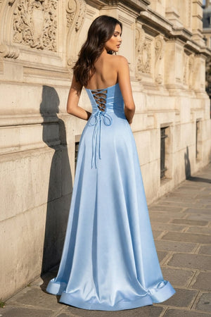 A Line Black Strapless Satin Prom Dresses With Slit - KissProm