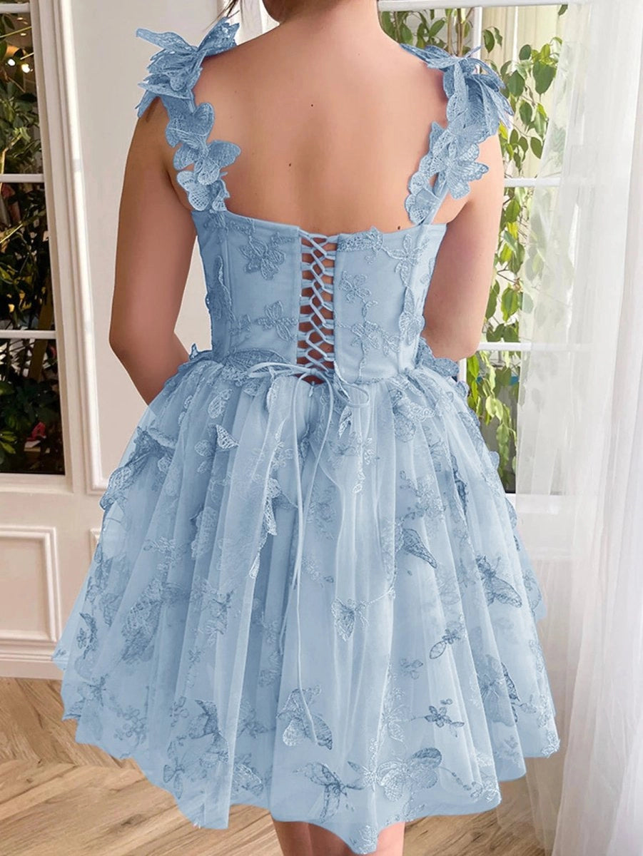 short blue lace prom dress Sweetheart Neck Navy Blue Lace Homecoming Dresses Beaded Short Prom Dress ARD1588