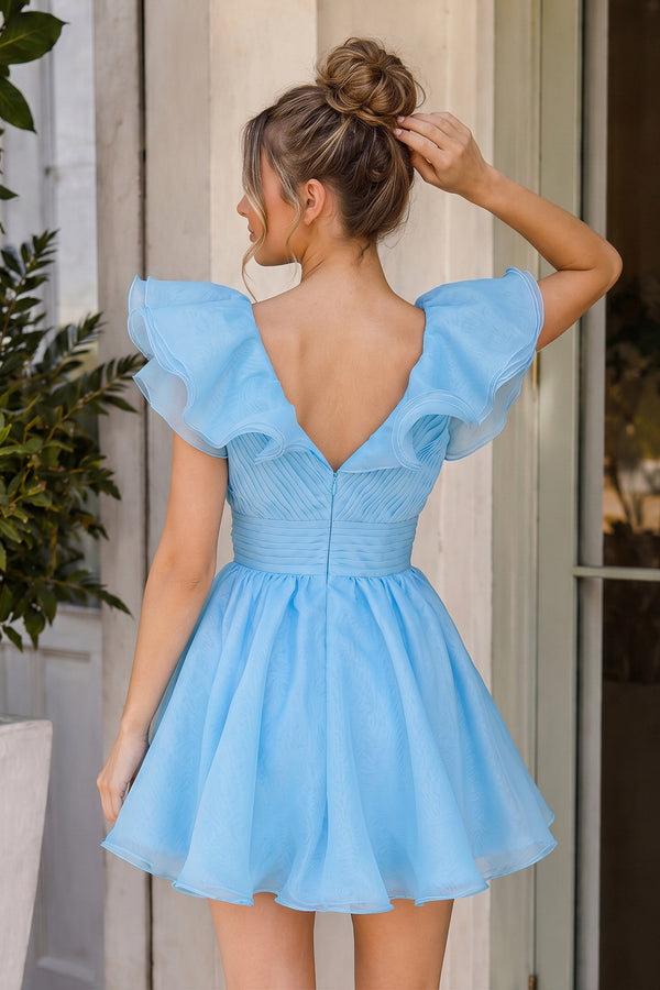 KissProm A Line V Neck Organza Ruffles Homecoming Dress, Sky Blue / 8