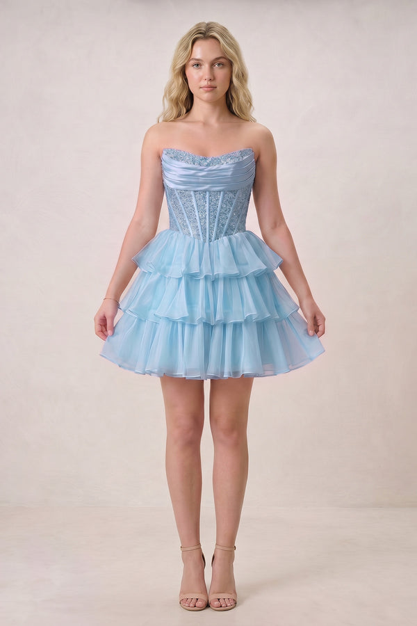 Amica | Sky Blue- Strapless A Line Chiffon Beaded Homecoming Dress With Ruffles