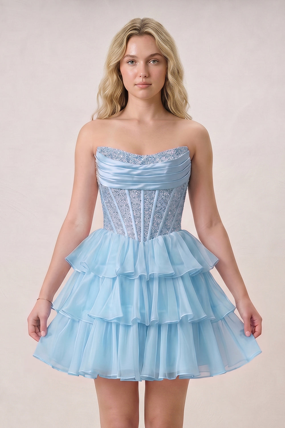 Sky Blue Strapless A Line Chiffon Beaded Mini Homecoming Dresses With Ruffles - KISSPROM