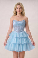 Amica | Sky Blue- Strapless A Line Chiffon Beaded Homecoming Dress With Ruffles