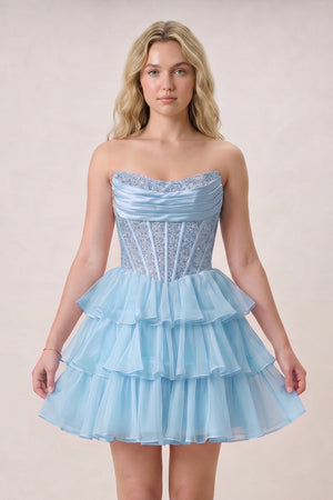 Amica | Sky Blue- Strapless A Line Chiffon Beaded Homecoming Dress With Ruffles