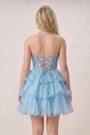 Amica | Sky Blue- Strapless A Line Chiffon Beaded Homecoming Dress With Ruffles
