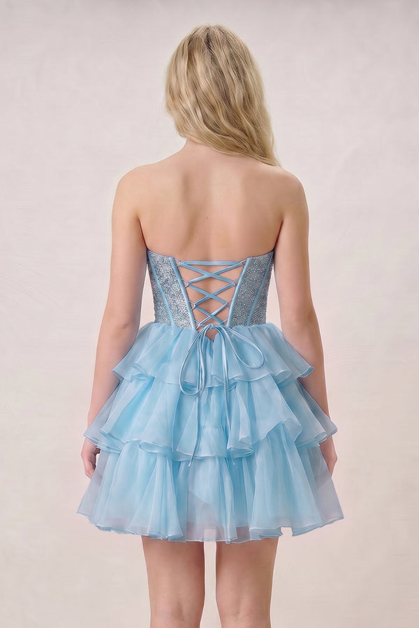 Amica | Sky Blue- Strapless A Line Chiffon Beaded Homecoming Dress With Ruffles