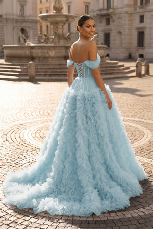 Gorgeous A Line Off the Shoulder Long Tulle Prom Dress with Slit - KISSPROM PROM DRESSES