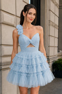 Princess Yellow One Shoulder Knotted Ruffle Short Party Dress - KissProm