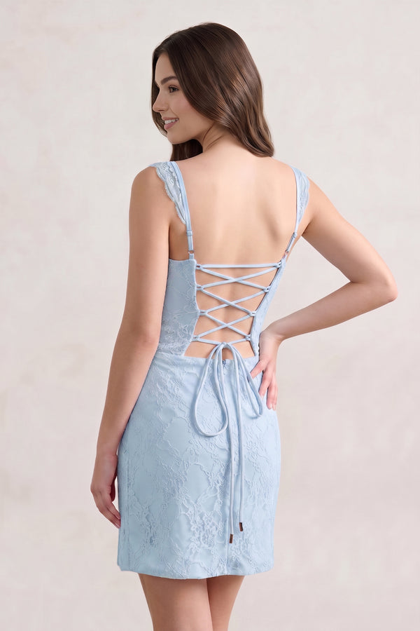 Sky Blue Spaghetti Straps Sheath Lace Short Homecoming Dress With Slit - KISSPROM