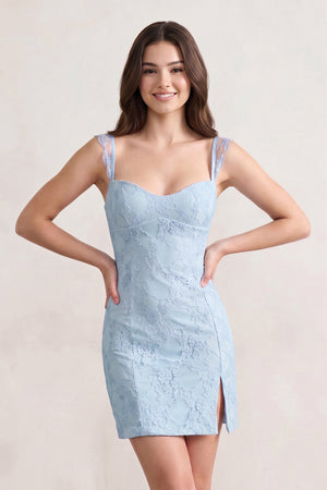 Sky Blue Spaghetti Straps Sheath Lace Short Homecoming Dress With Slit - KISSPROM