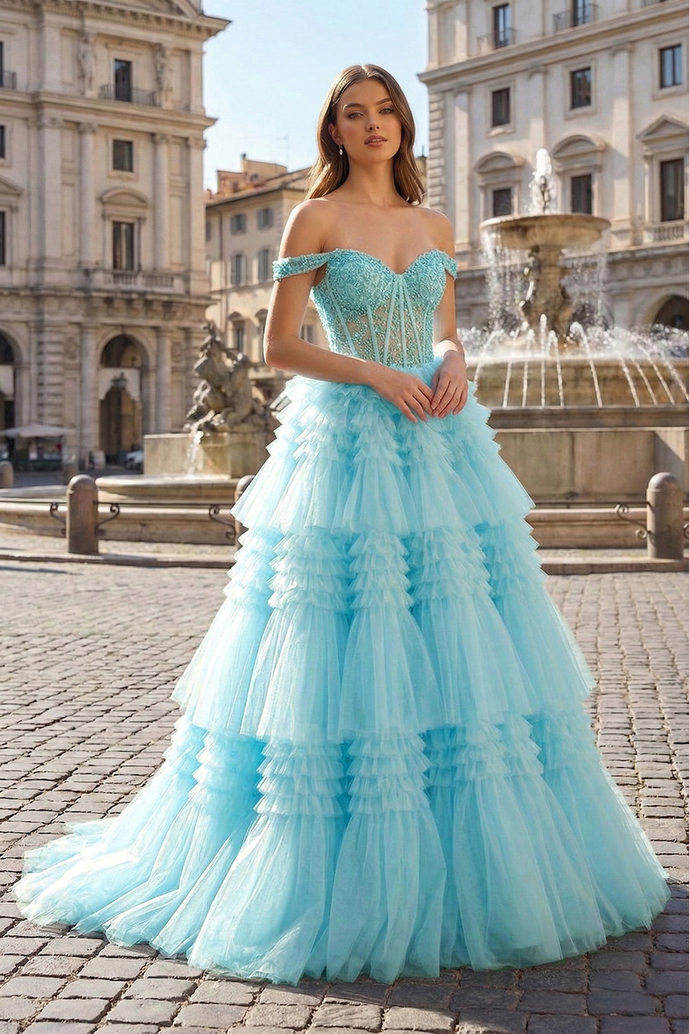 Sky Blue Tulle Off-the-Shoulder Ruffle Tiered Long Prom Dress - KISSPROM PROM DRESSES