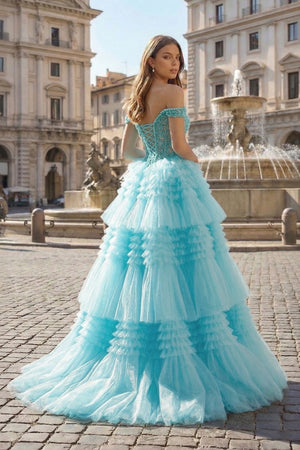Red Tulle Off-the-Shoulder Ruffle Tiered Long Prom Dress - KISSPROM PROM DRESSES