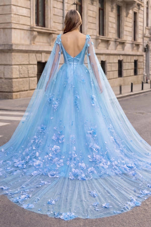 Sky Blue 3D Floral Lace A-Line Prom Dress with Cape Sleeves - KissProm