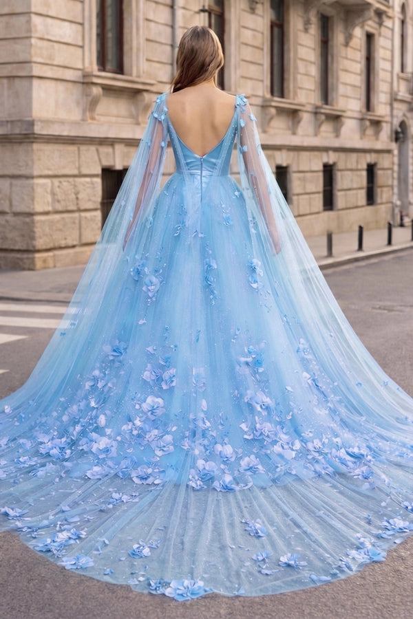 Sky Blue 3D Floral Lace A-Line Prom Dress with Cape Sleeves - KissProm