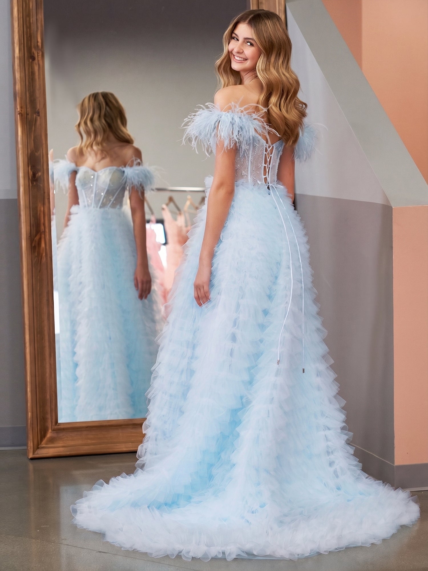 KissProm A Line Sweetheart Tiered Tulle Long Prom Dress With Slit, Sky Blue / 0