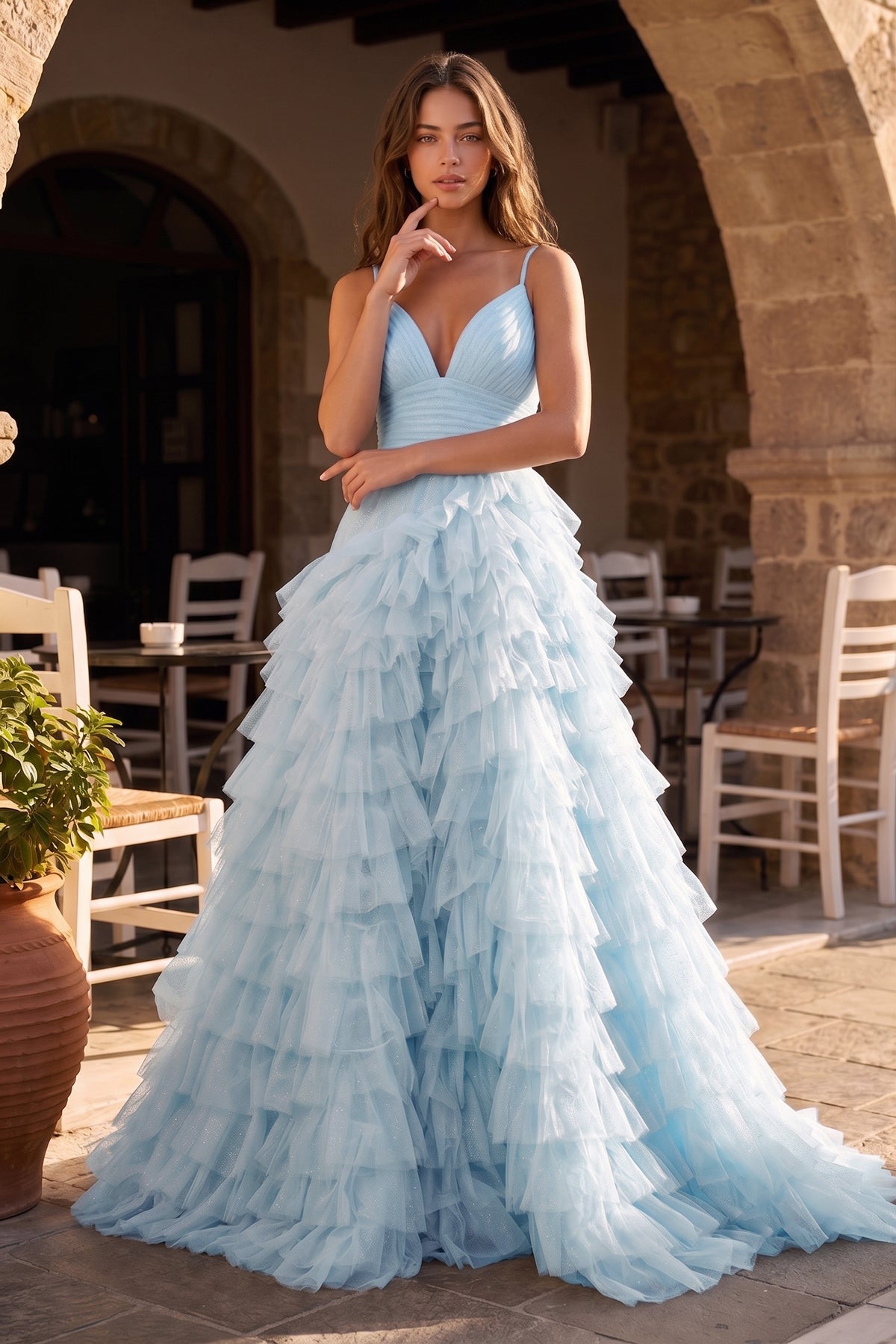 KissProm A-Line Spaghetti Straps Tiered Tulle Prom Dress, Sky Blue / 16