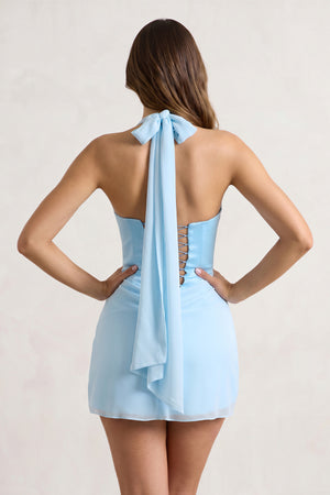 Sky Blue Halter Sheath Satin Chiffon Homecoming Dress - KissProm