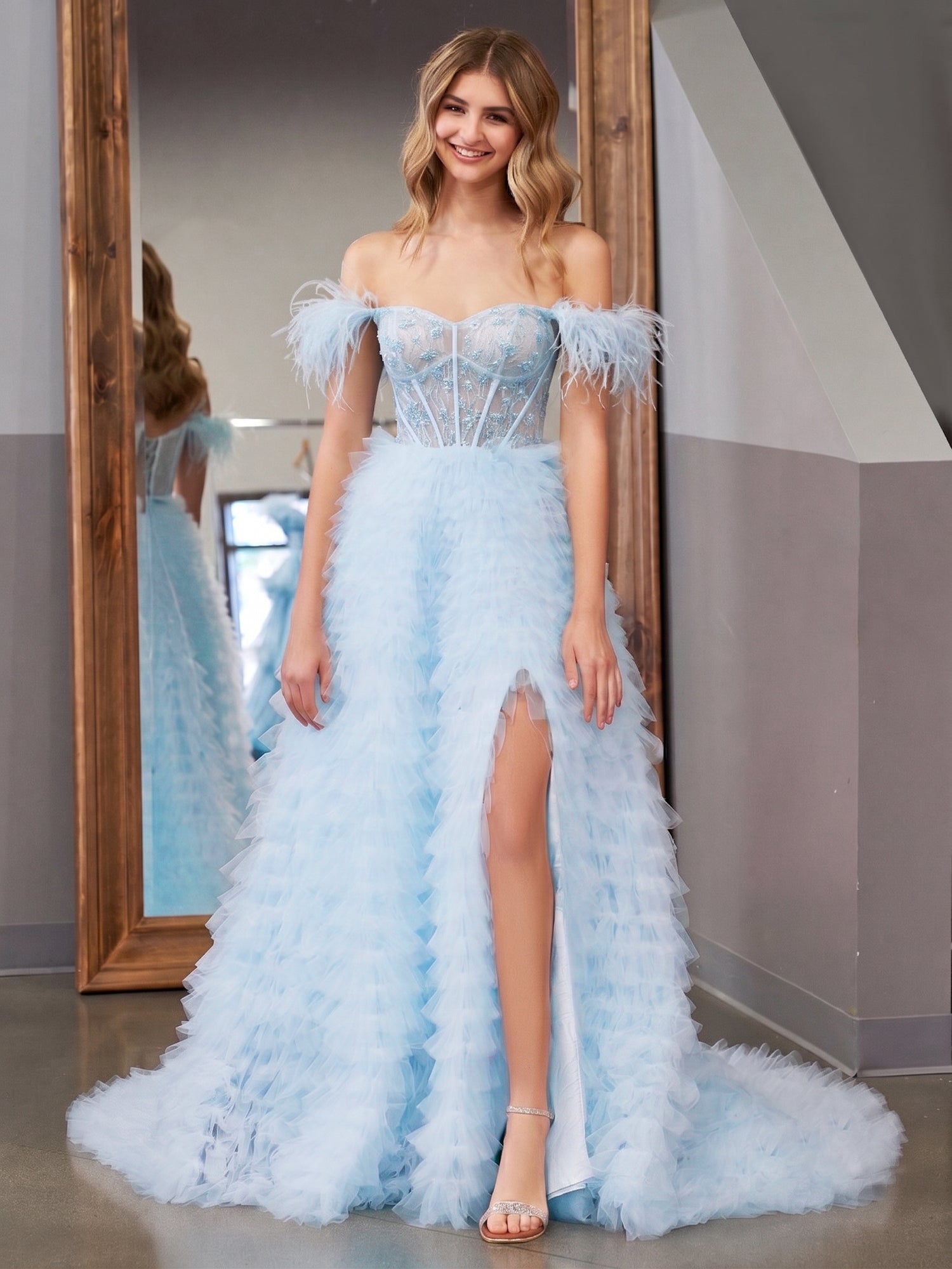 KissProm A Line Sweetheart Tiered Tulle Long Prom Dress With Slit, Sky Blue / 0