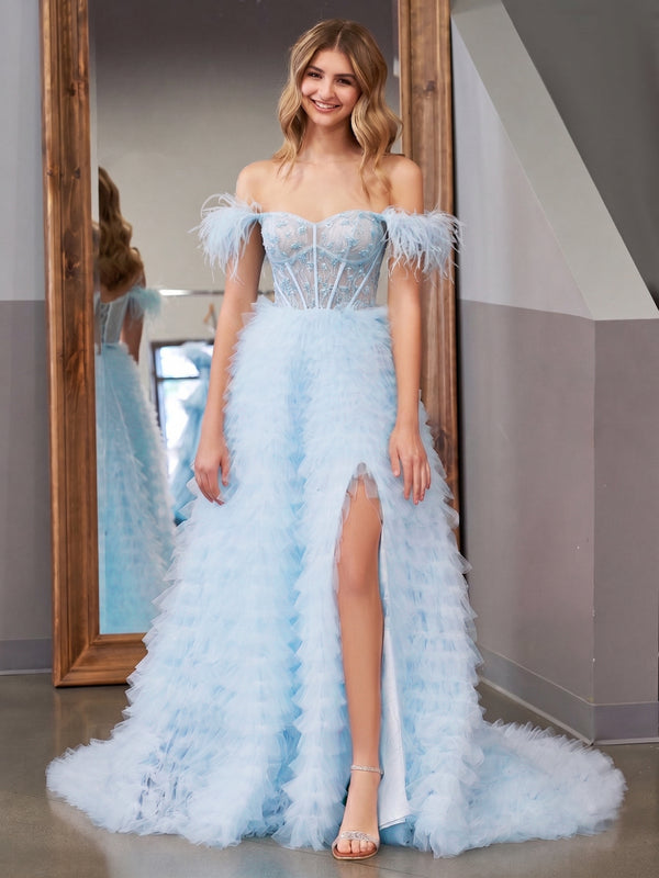 A Line Sweetheart Tiered Tulle Long Prom Dress With Slit - KissProm