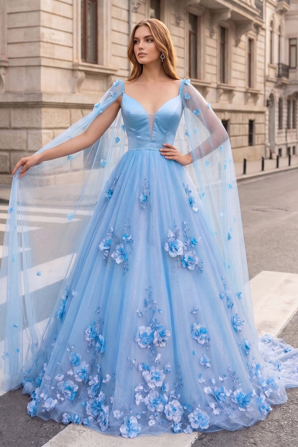 Sky Blue 3D Floral Lace A-Line Prom Dress with Cape Sleeves - KissProm