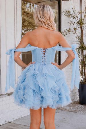 A Line Organza Ruffles Corset Homecoming Dresses with Bow Straps - KissProm 