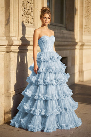 Navy Blue Strapless A Line Tulle Ruffled Long Prom Dresses With Slit - KissProm