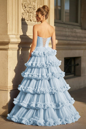 Navy Blue Strapless A Line Tulle Ruffled Long Prom Dresses With Slit - KissProm