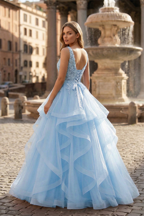 A-Line Prom Dresses Princess Dress Formal Floor Length Sleeveless V Neck Tulle Backless with Pleats Appliques