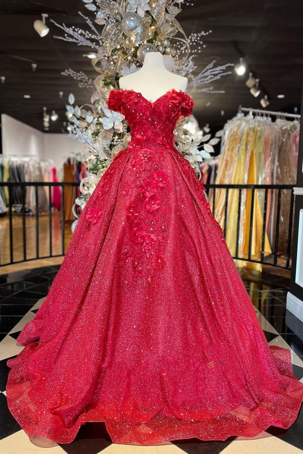 Chic Ball Gown V Neck Beads Appliques Red Off-the-Shoulder Long Quinceanera Dresses
