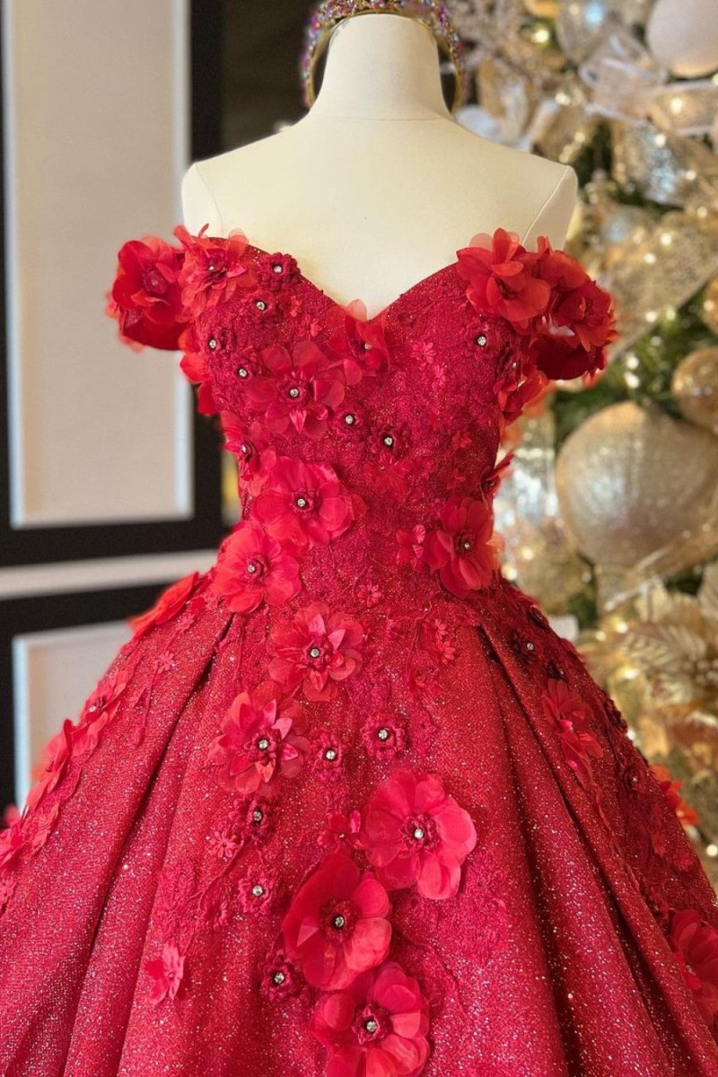 Chic Ball Gown V Neck Beads Appliques Red Off-the-Shoulder Long Quinceanera Dresses